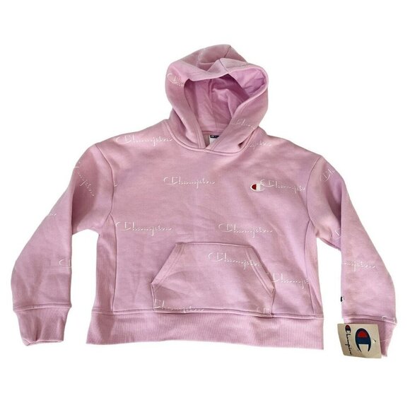 CHAMPION Girl's Sz M Pink Allover White Script Logo HOODIE NWT - Picture 9 of 9